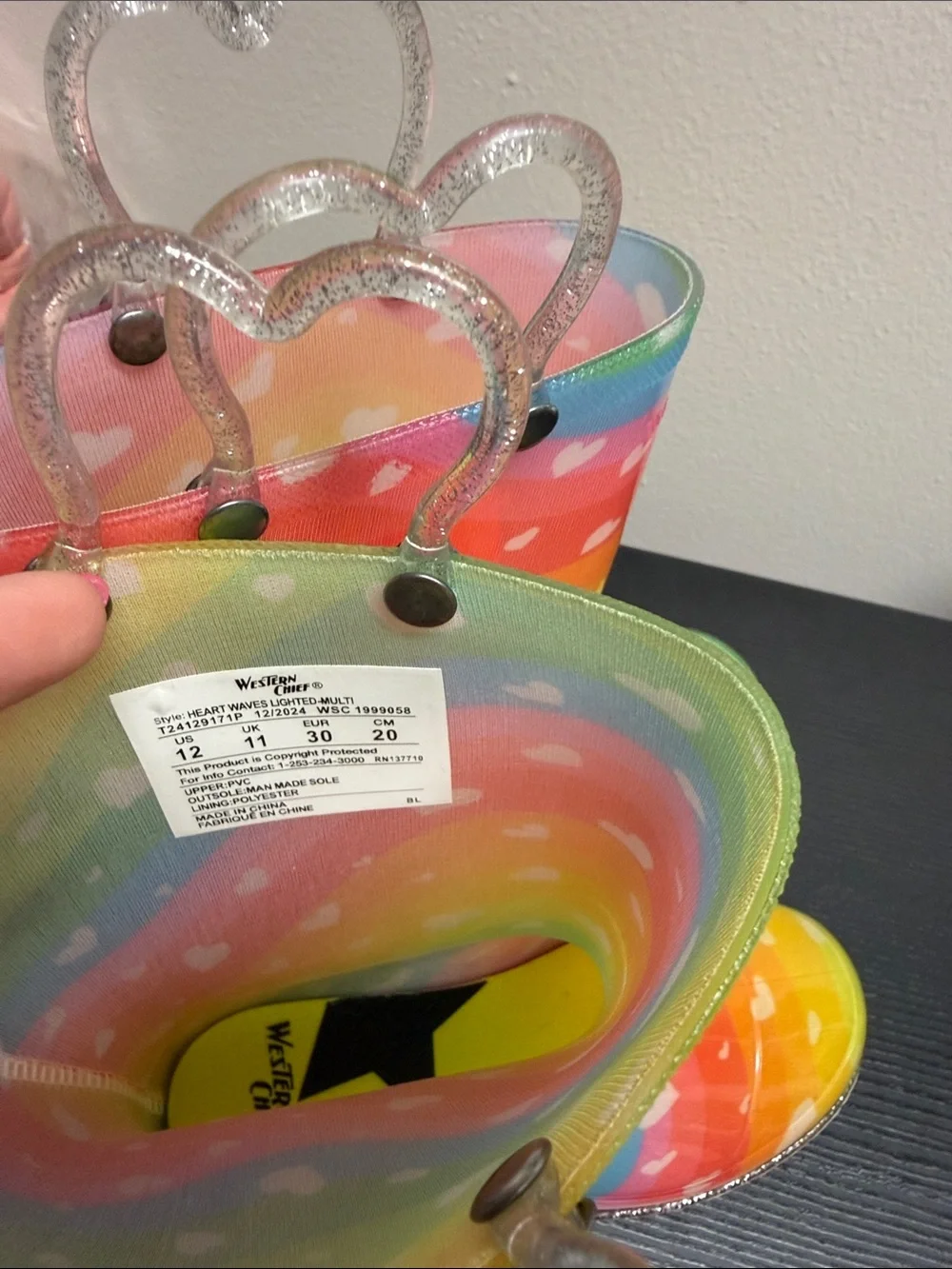 Girls Light Up Rainbow Heart Rain Boots with Glitter Heart Pulls